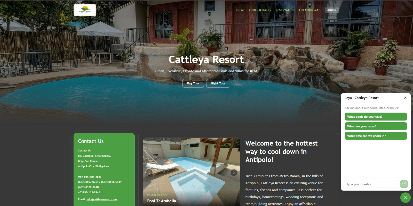 Leya chat panel open with suggested questions about pools, rates, and check-in time